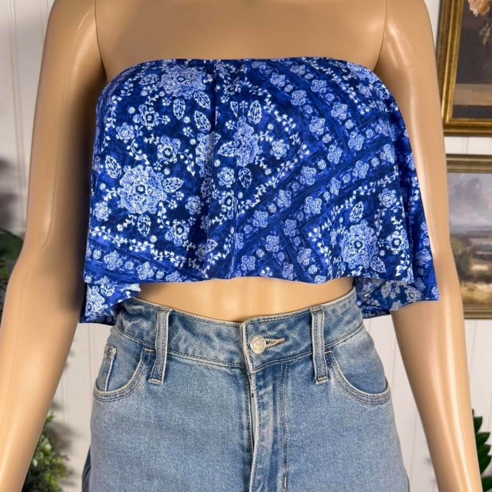 Shorely Blue Floral Bandeau Crop Swim Top Size L NWT